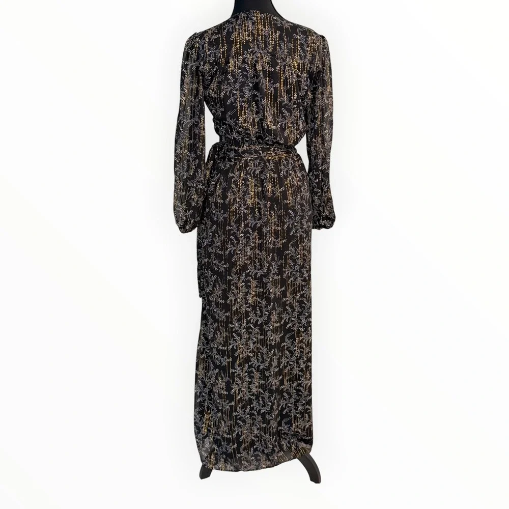 BTFL‑Life Black Gold Metallic Floral Wrap Maxi Dress Long Sleeve Slit Size Small